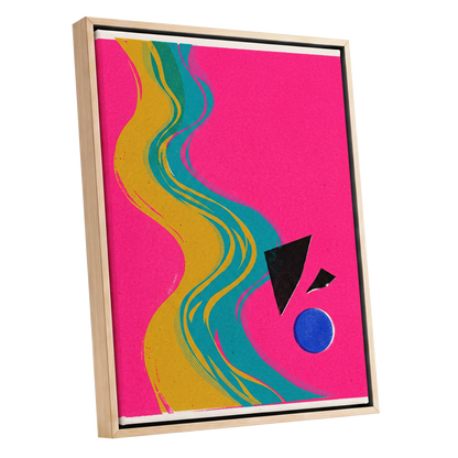Electric River, pink, gold, green abstract wall art shown as a oak framed canvas wall art