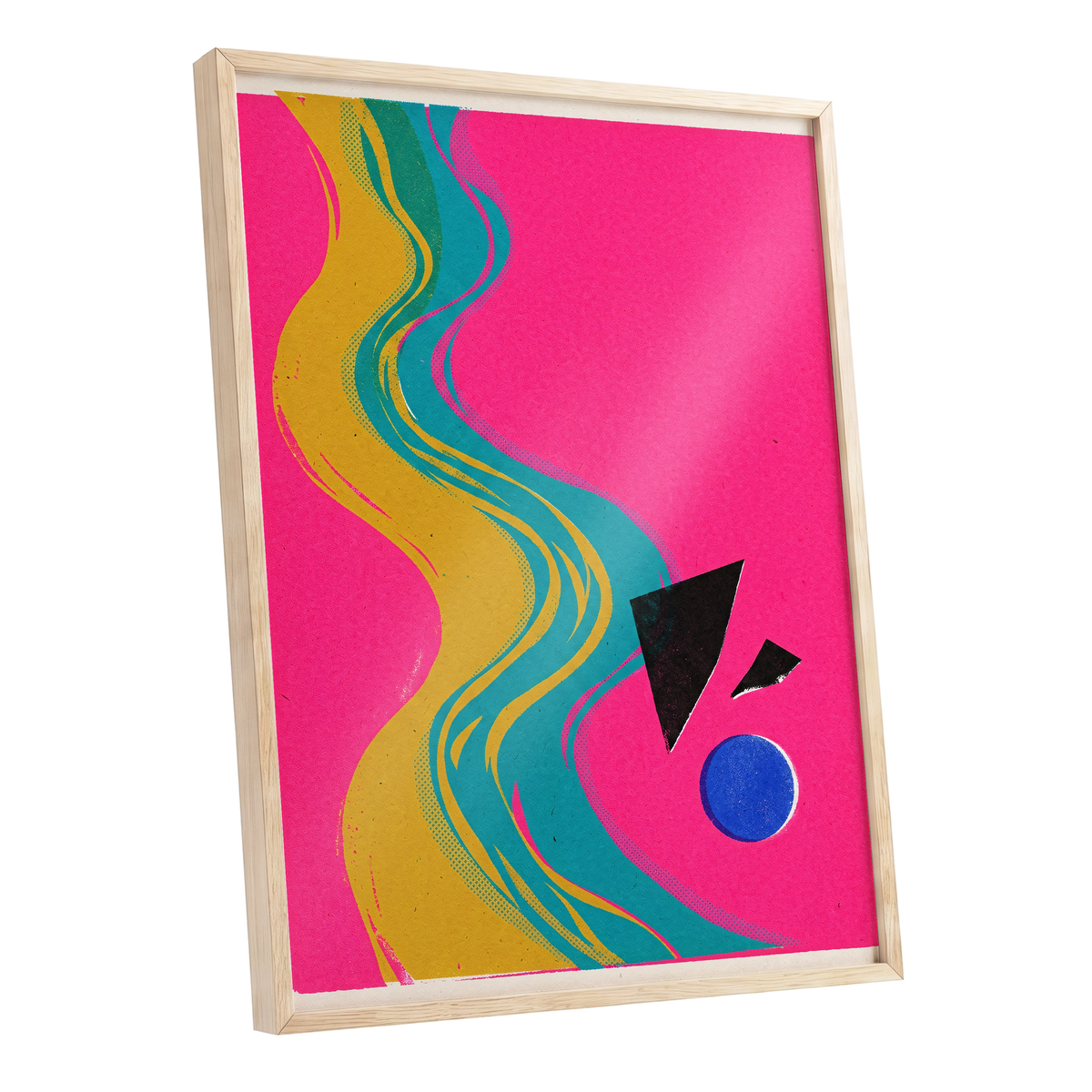 Electric River, pink, gold, green abstract wall art shown as a oak framed poster wall art print