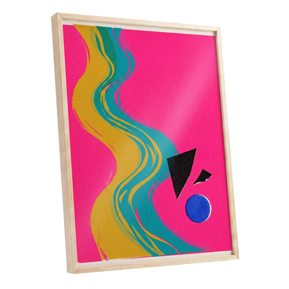Electric River, pink, gold, green abstract wall art shown as a oak framed poster wall art print