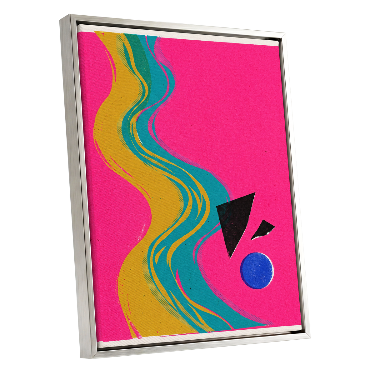 Electric River, pink, gold, green abstract wall art shown as a silver framed canvas wall art