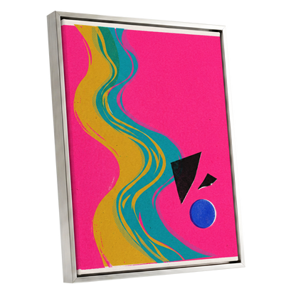 Electric River, pink, gold, green abstract wall art shown as a silver framed canvas wall art