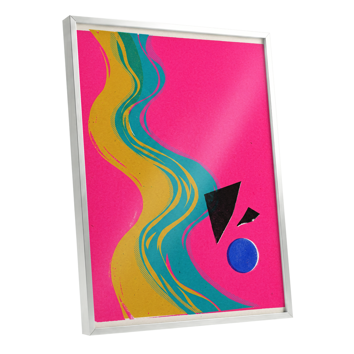 Electric River, pink, gold, green abstract wall art shown as a silver framed poster wall art print