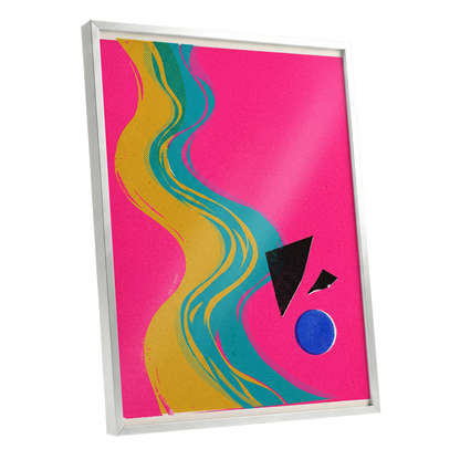 Electric River, pink, gold, green abstract wall art shown as a silver framed poster wall art print