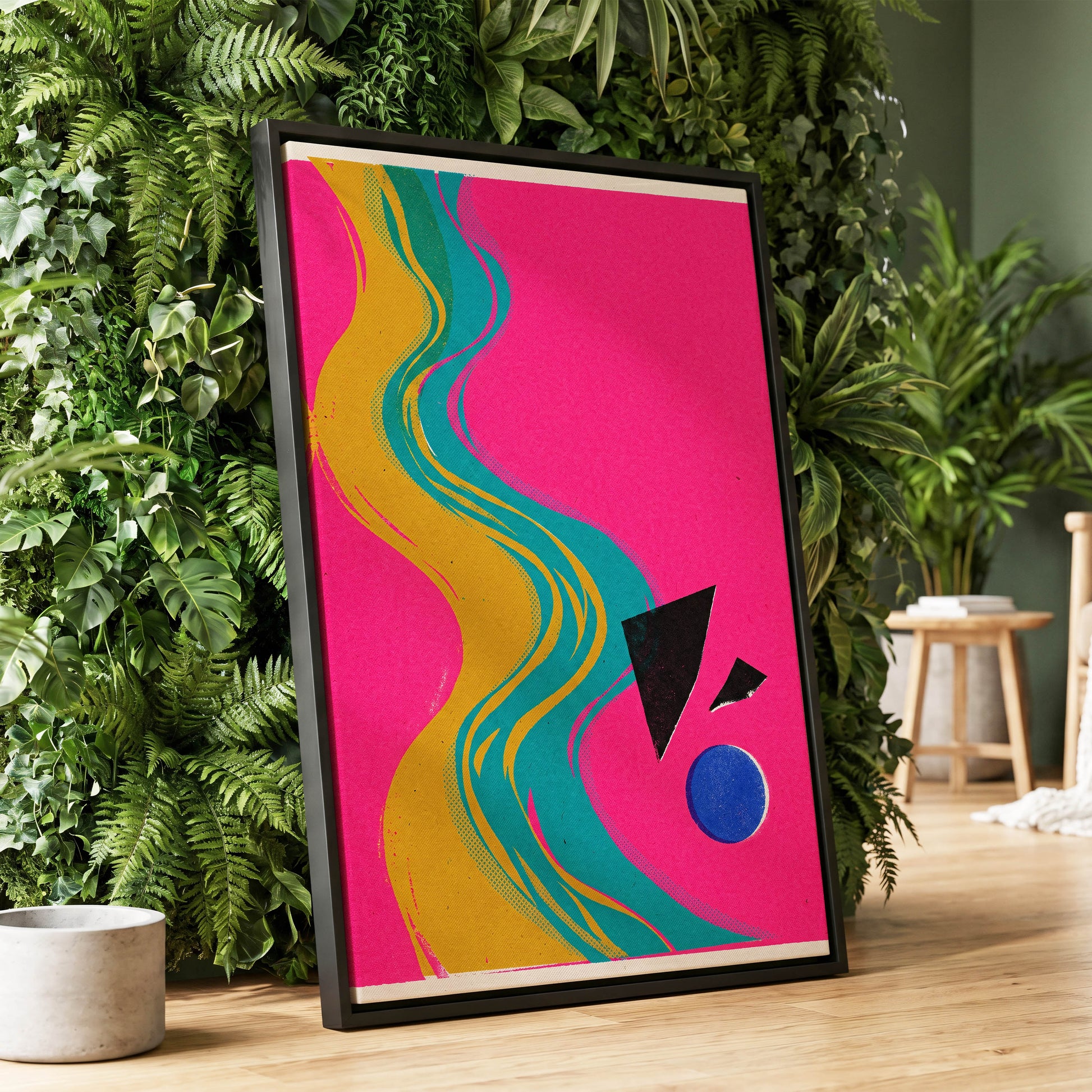 Electric River, pink, gold, green abstract wall art displayed in a styled interior, gallery view 1