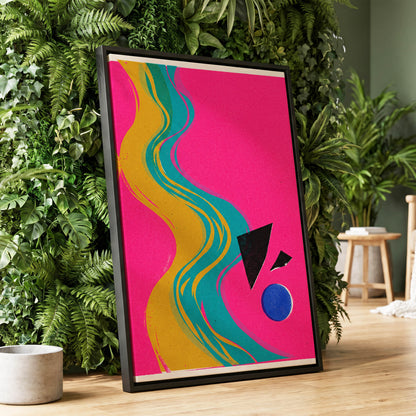 Electric River, pink, gold, green abstract wall art displayed in a styled interior, gallery view 1