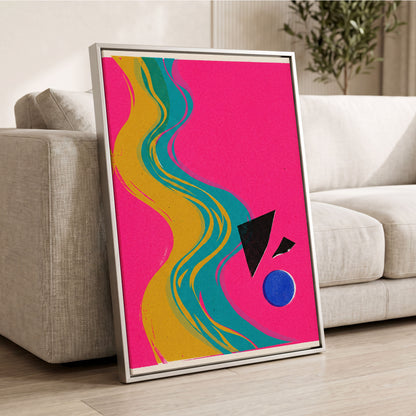 Electric River, pink, gold, green abstract wall art displayed in a styled interior, gallery view 2
