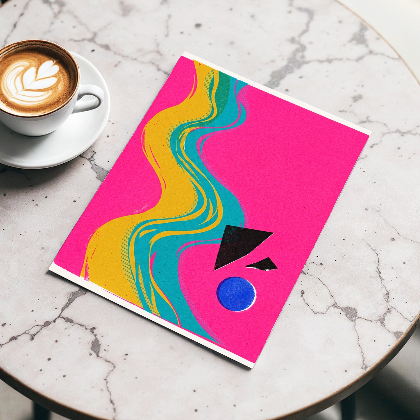 Electric River, pink, gold, green abstract wall art displayed in a styled interior, gallery view 3