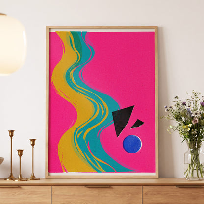 Electric River, pink, gold, green abstract wall art displayed in a styled interior, gallery view 4