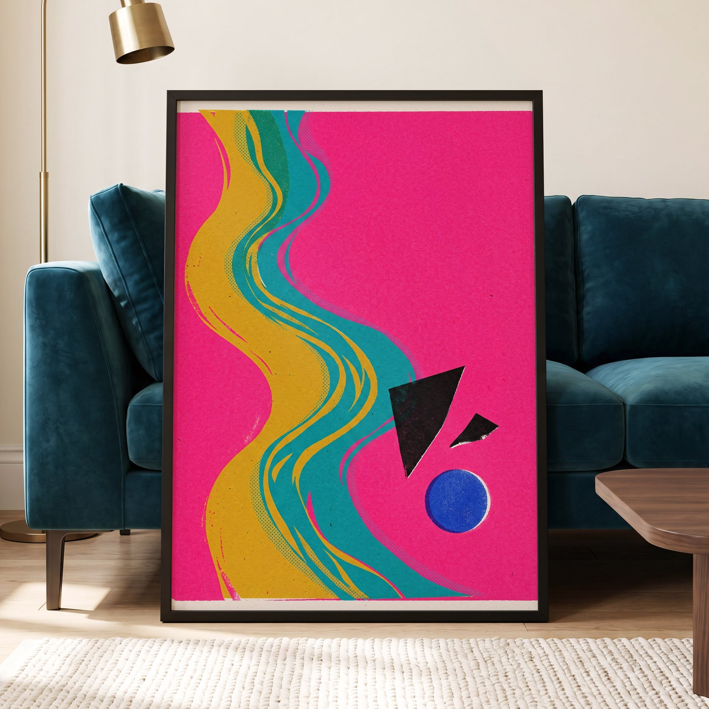 Electric River, pink, gold, green abstract wall art displayed in a styled interior, gallery view 5