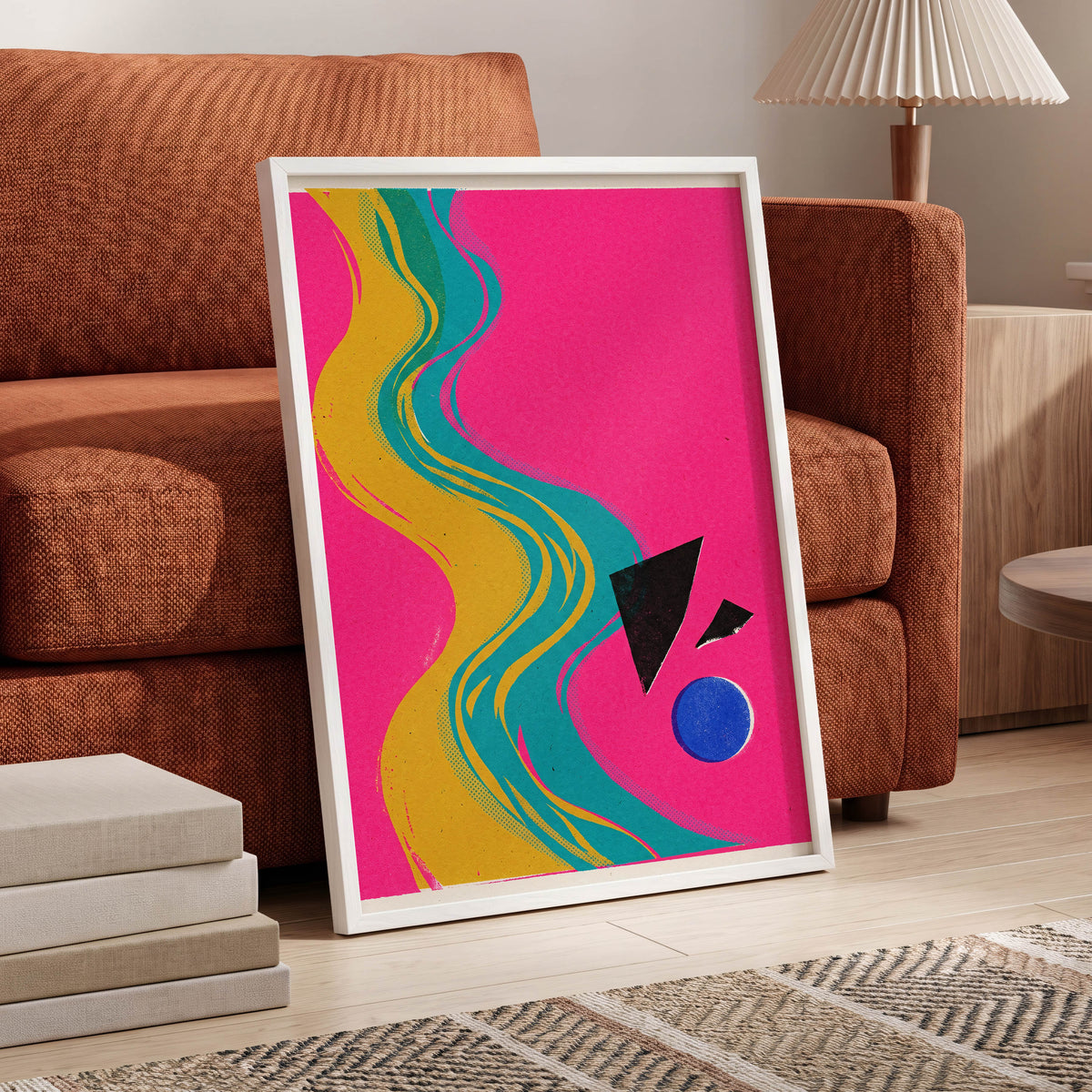 Electric River, pink, gold, green abstract wall art displayed in a styled interior, gallery view 6