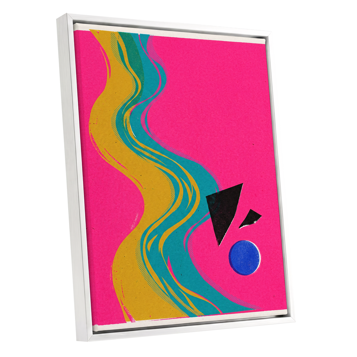 Electric River, pink, gold, green abstract wall art shown as a white framed canvas wall art