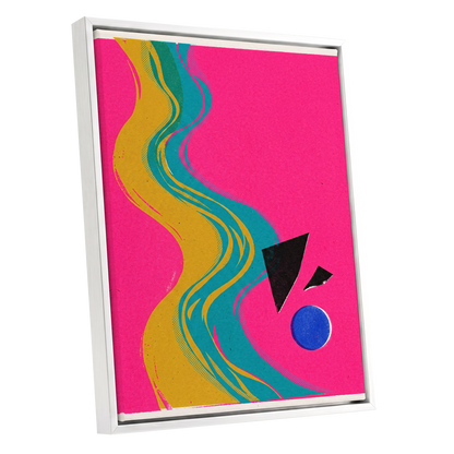 Electric River, pink, gold, green abstract wall art shown as a white framed canvas wall art