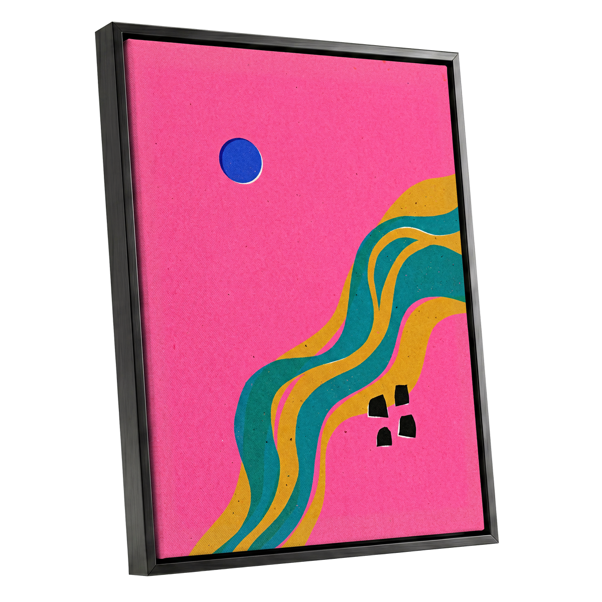 Electric Riverways, pink, green, gold abstract wall art shown as a black framed canvas wall art
