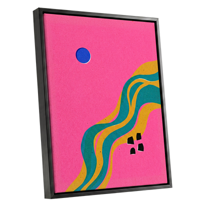 Electric Riverways, pink, green, gold abstract wall art shown as a black framed canvas wall art