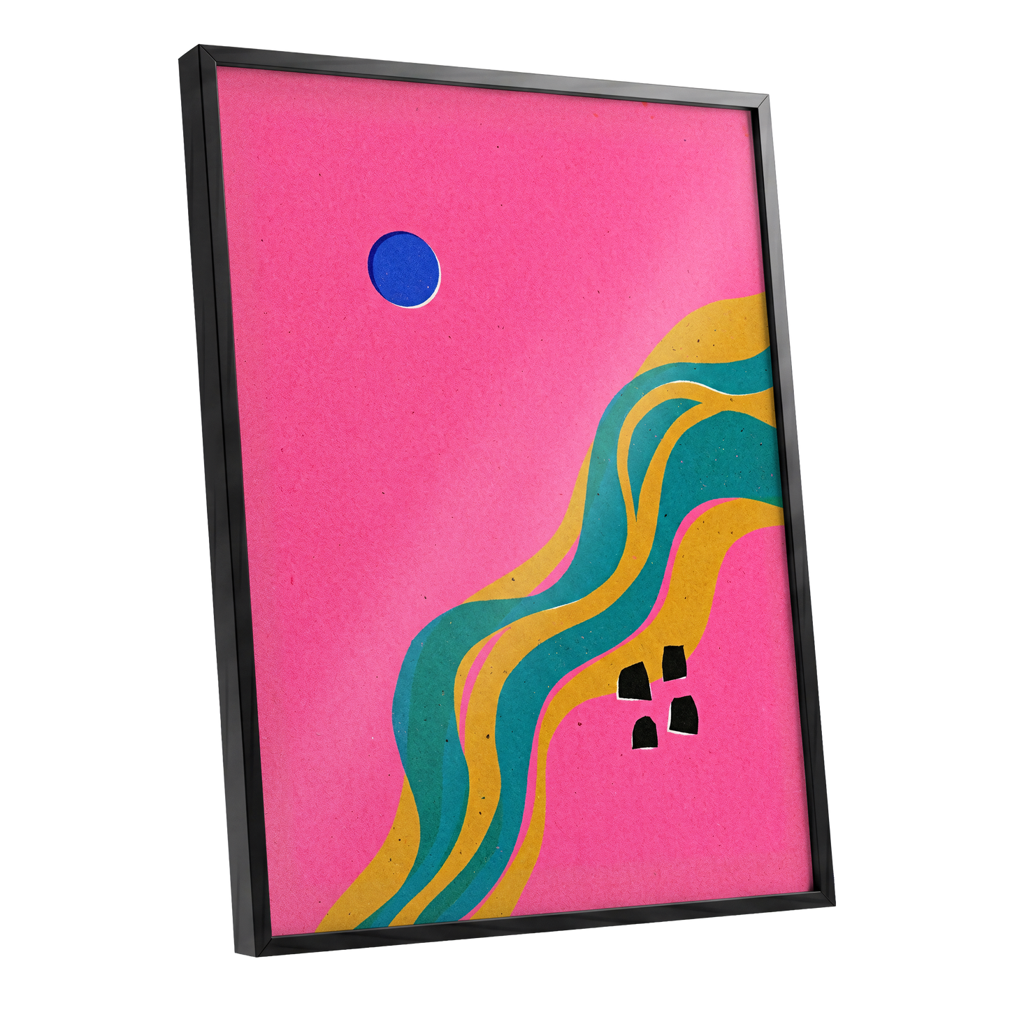 Electric Riverways, pink, green, gold abstract wall art shown as a black framed poster wall art print