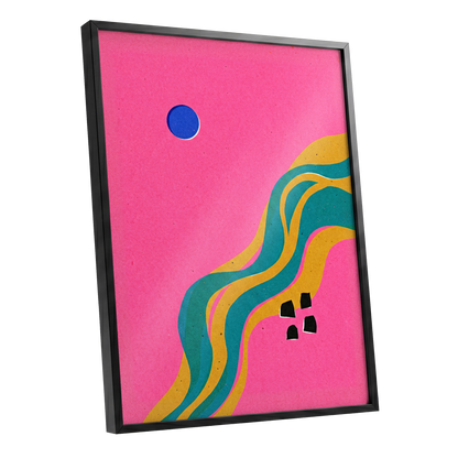 Electric Riverways, pink, green, gold abstract wall art shown as a black framed poster wall art print