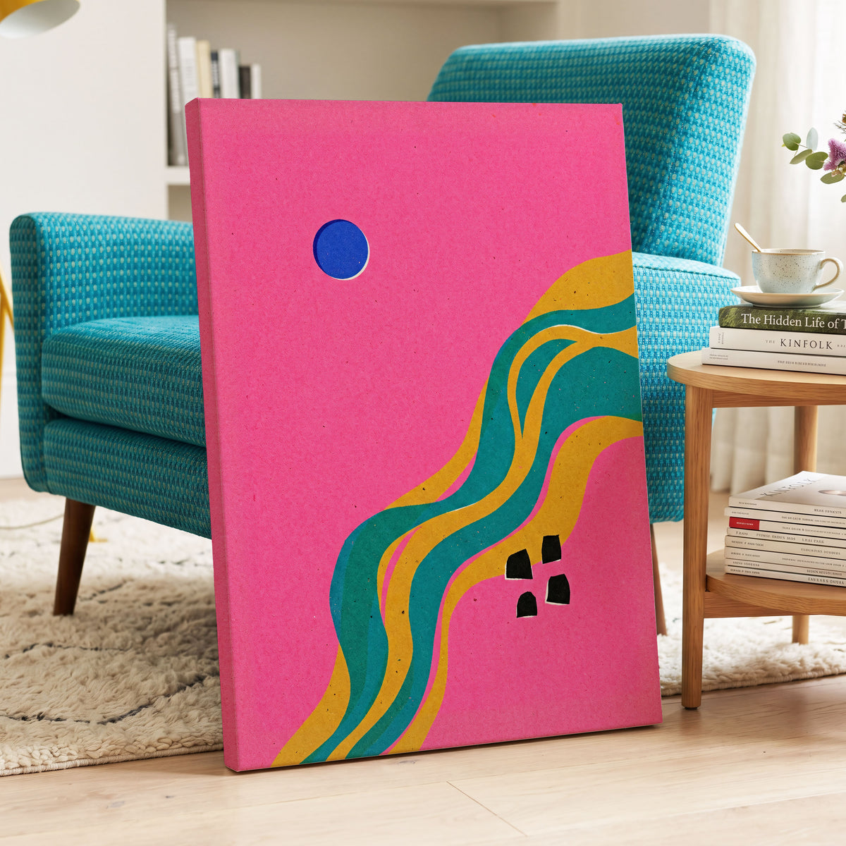 Electric Riverways, pink, green, gold abstract wall art on canvas displayed in a styled interior, gallery view 1
