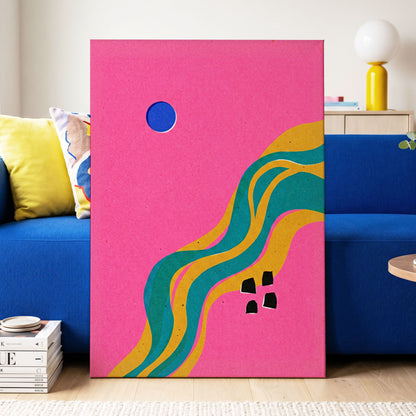 Electric Riverways, pink, green, gold abstract wall art on canvas displayed in a styled interior, gallery view 2