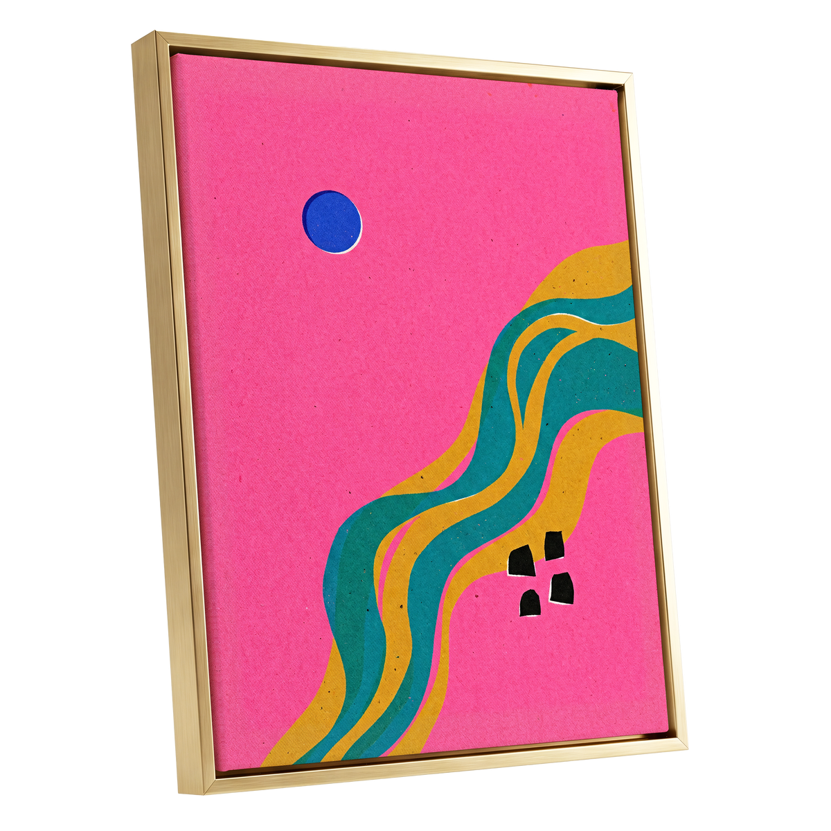 Electric Riverways, pink, green, gold abstract wall art shown as a gold framed canvas wall art