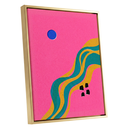 Electric Riverways, pink, green, gold abstract wall art shown as a gold framed canvas wall art