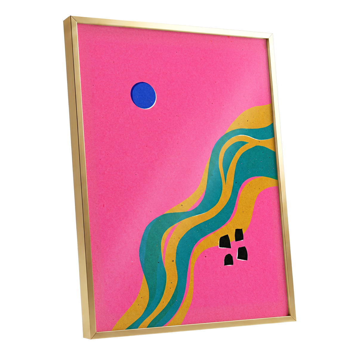 Electric Riverways, pink, green, gold abstract wall art shown as a gold framed poster wall art print