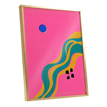 Electric Riverways, pink, green, gold abstract wall art shown as a gold framed poster wall art print