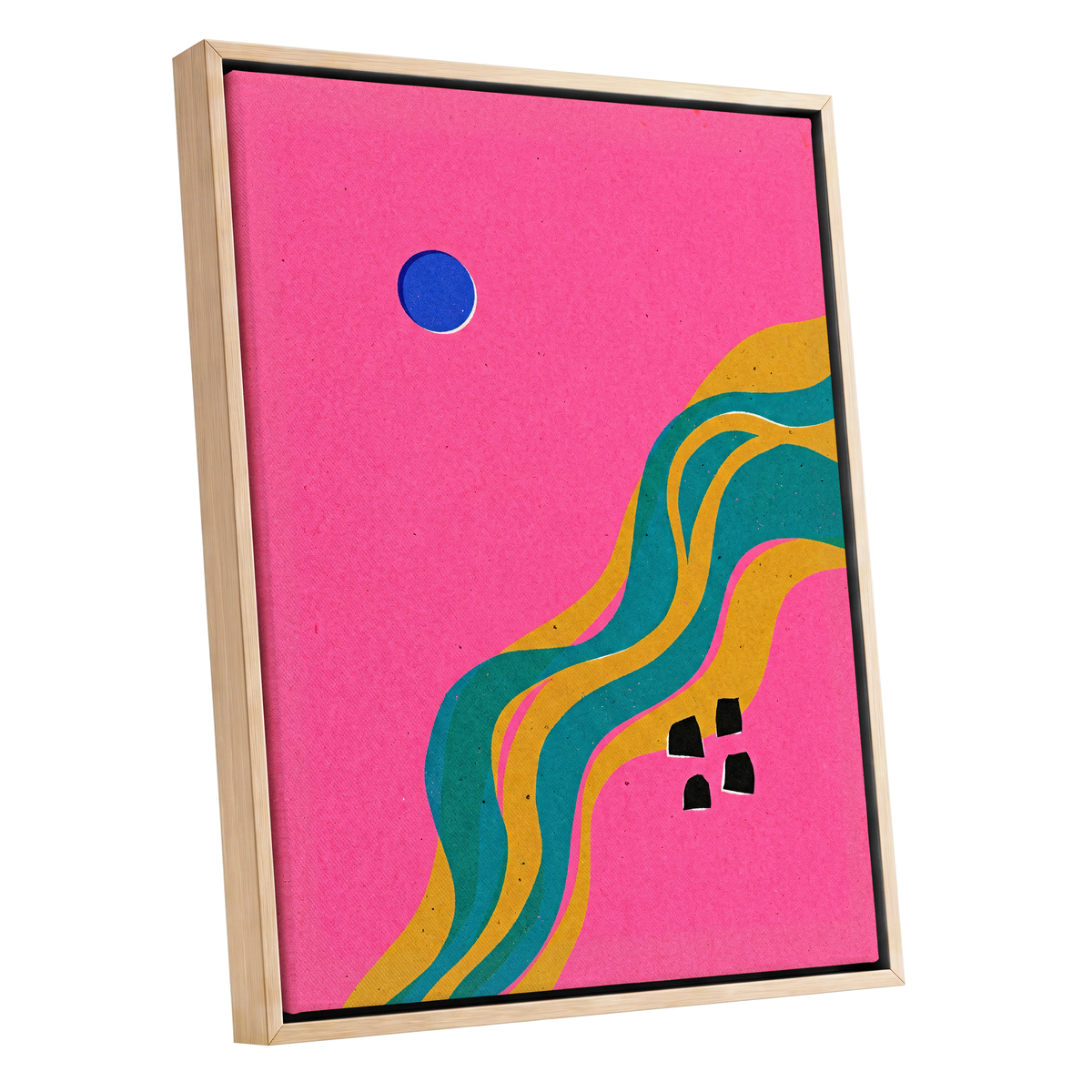 Electric Riverways, pink, green, gold abstract wall art shown as a oak framed canvas wall art
