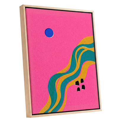 Electric Riverways, pink, green, gold abstract wall art shown as a oak framed canvas wall art
