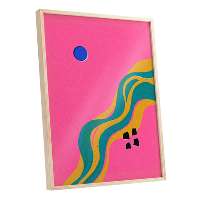 Electric Riverways, pink, green, gold abstract wall art shown as a oak framed poster wall art print