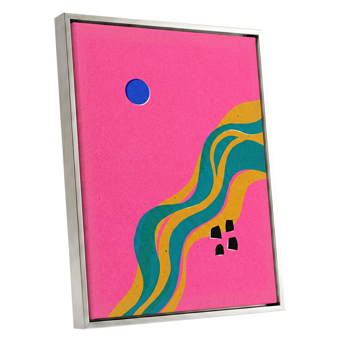 Electric Riverways, pink, green, gold abstract wall art shown as a silver framed canvas wall art