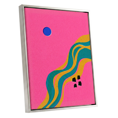Electric Riverways, pink, green, gold abstract wall art shown as a silver framed canvas wall art