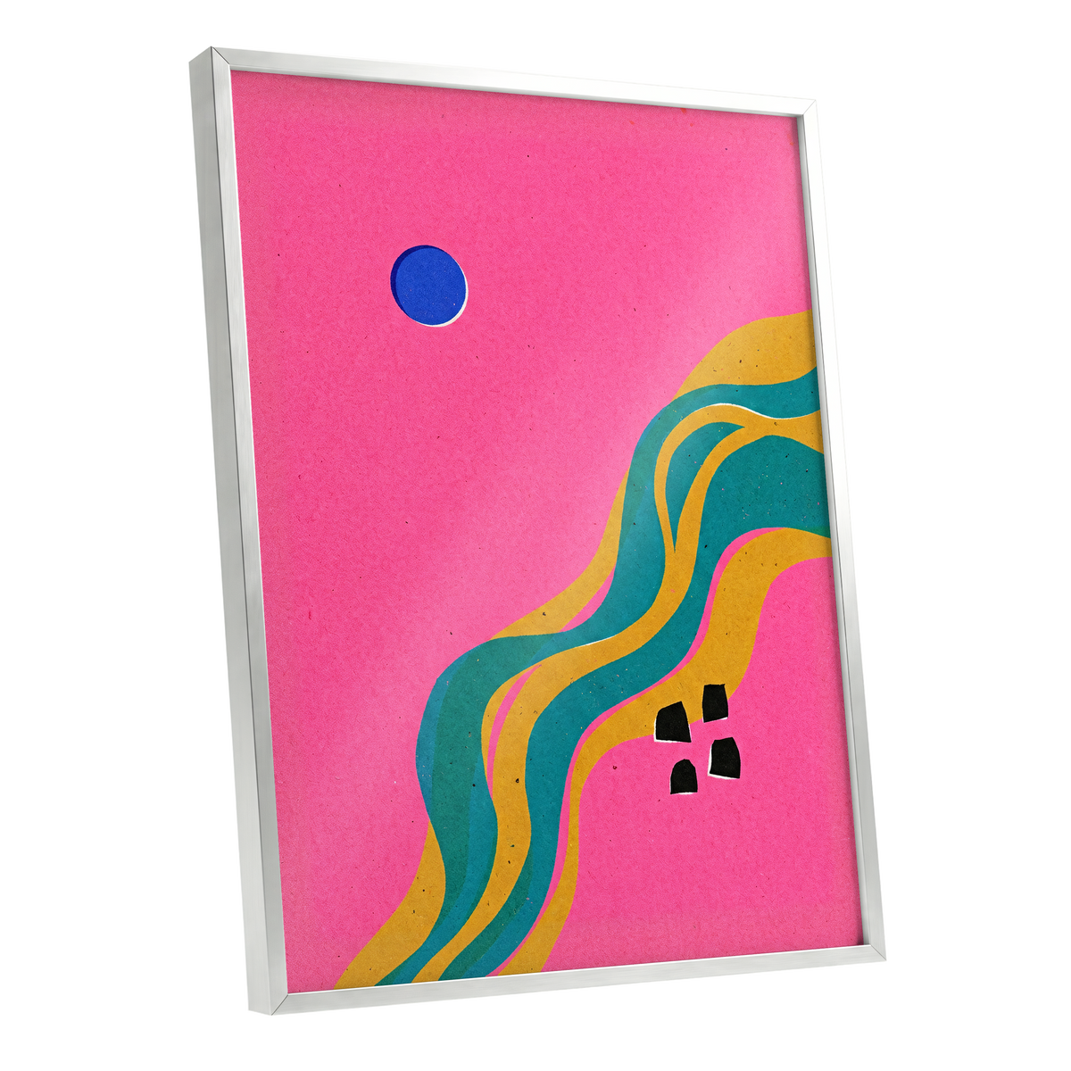 Electric Riverways, pink, green, gold abstract wall art shown as a silver framed poster wall art print