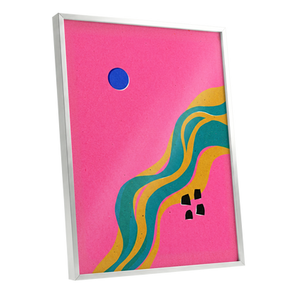 Electric Riverways, pink, green, gold abstract wall art shown as a silver framed poster wall art print