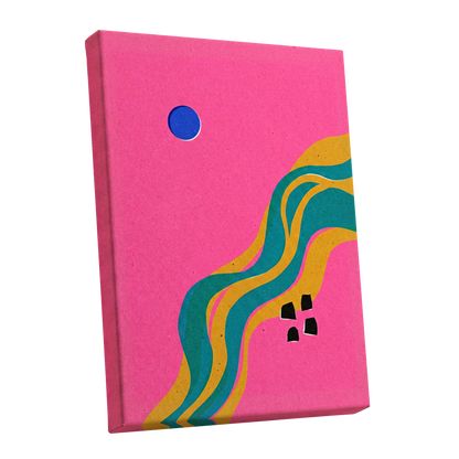 Electric Riverways, pink, green, gold abstract wall art shown as a stretched canvas wall art