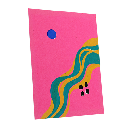 Electric Riverways, pink, green, gold abstract wall art shown as a unframed poster wall art print