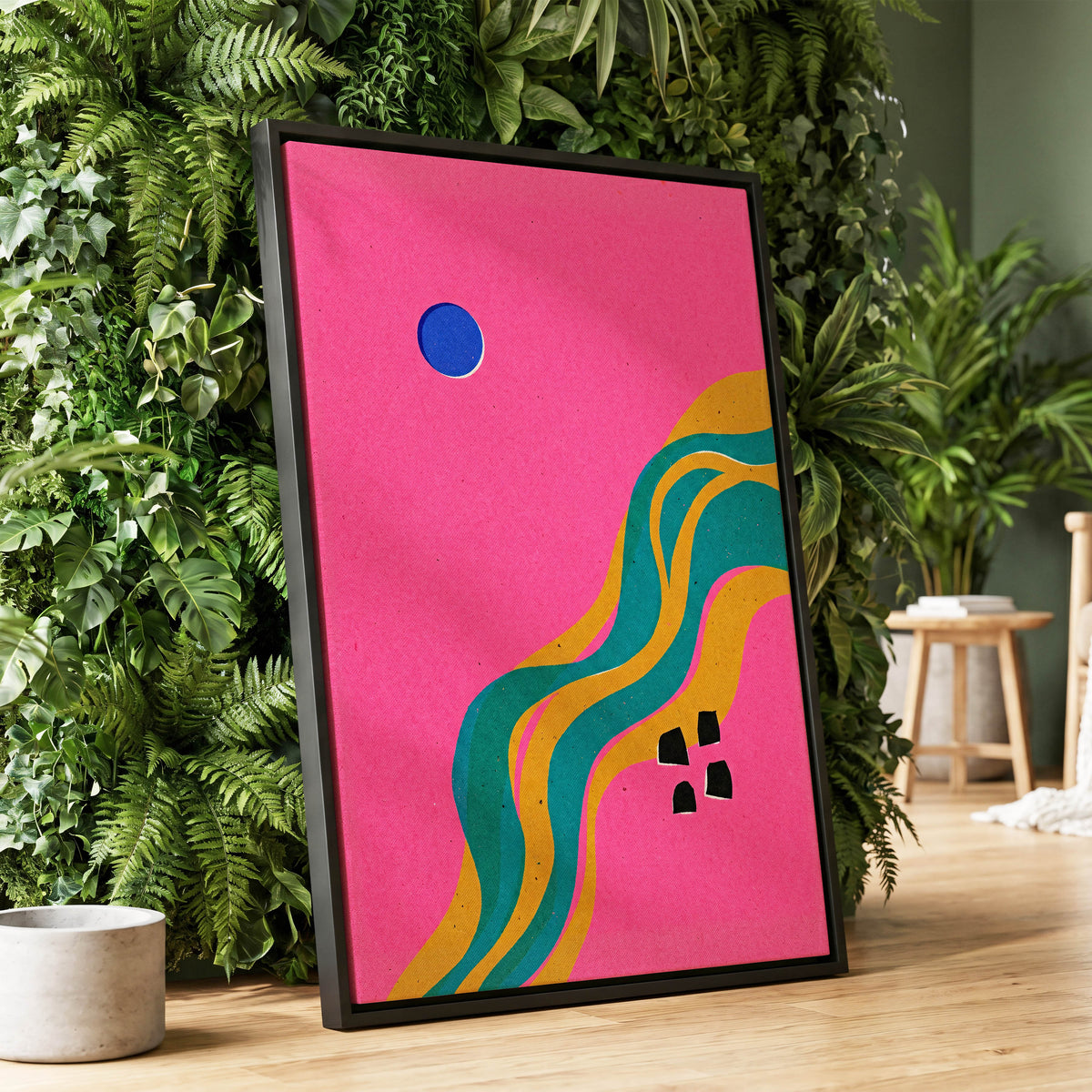 Electric Riverways, pink, green, gold abstract wall art displayed in a styled interior, gallery view 1