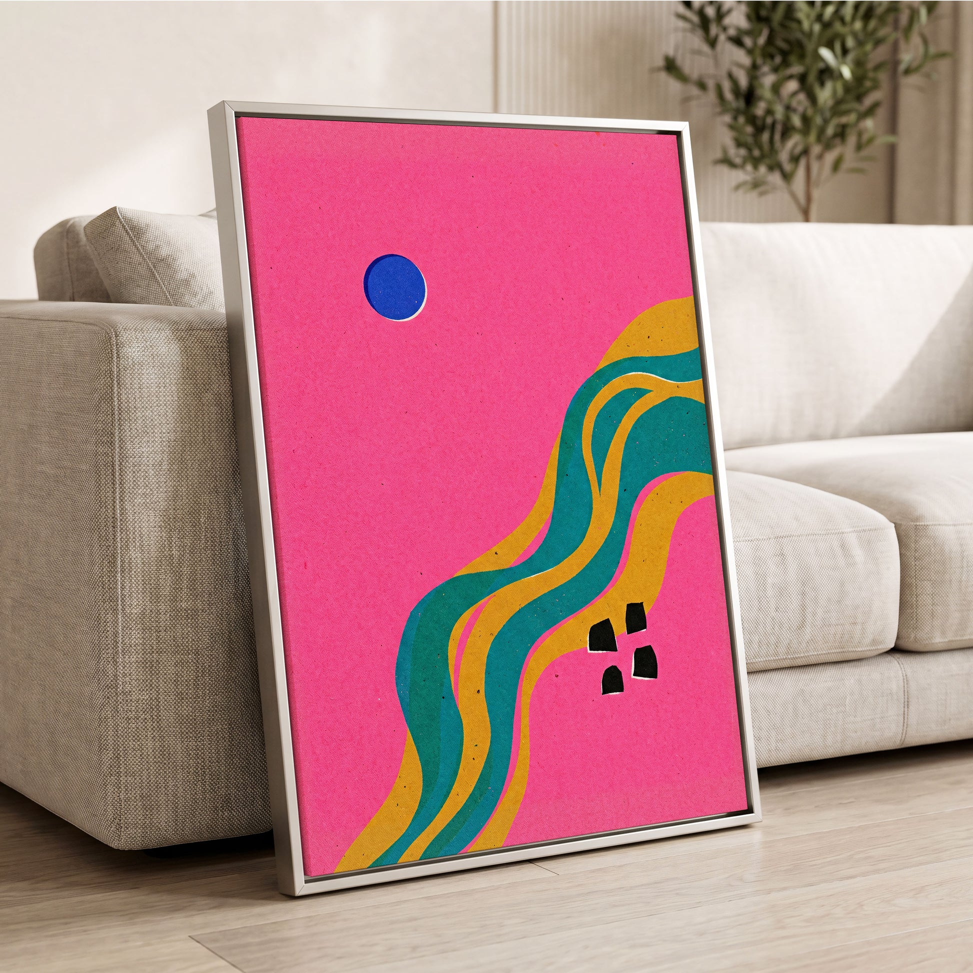 Electric Riverways, pink, green, gold abstract wall art displayed in a styled interior, gallery view 2