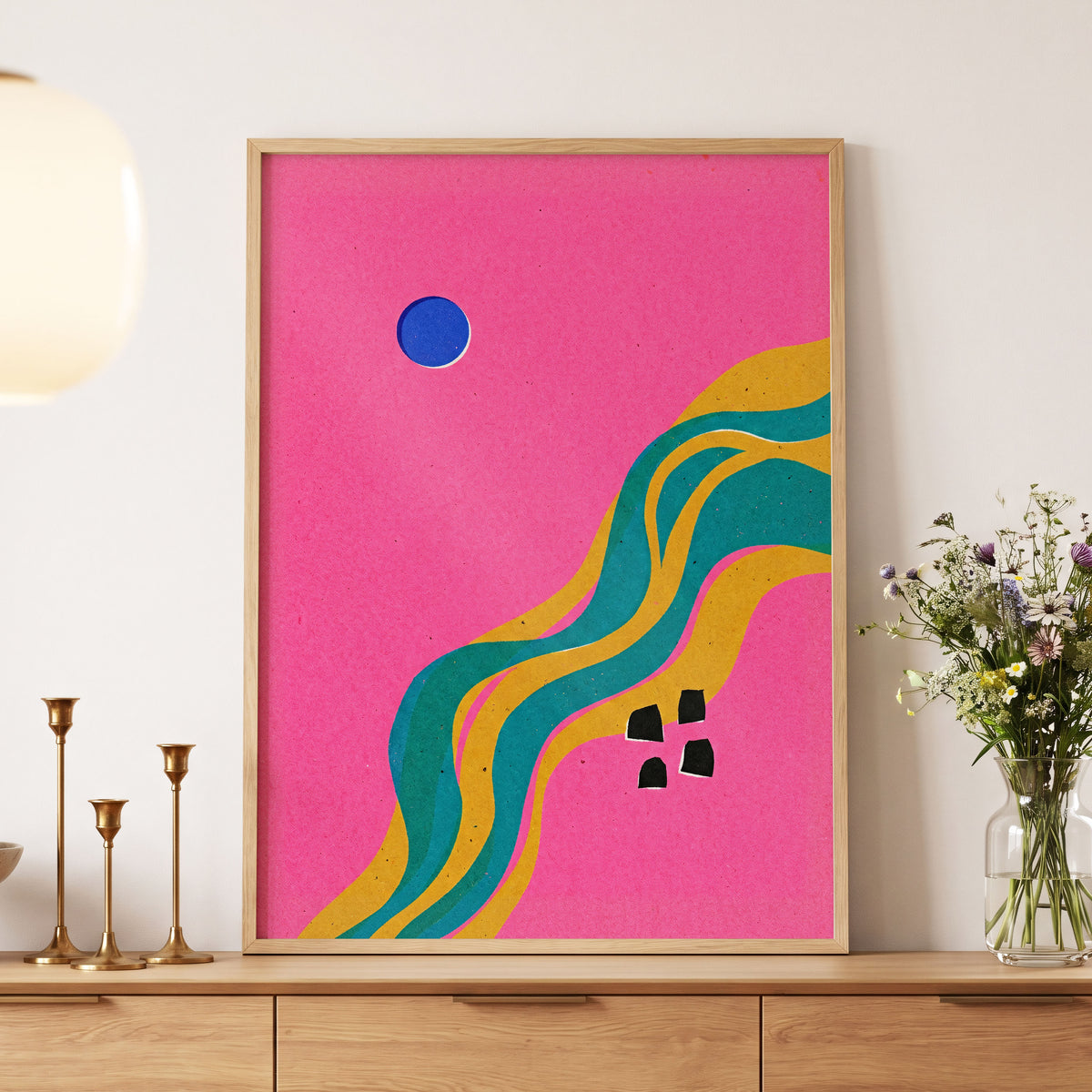 Electric Riverways, pink, green, gold abstract wall art displayed in a styled interior, gallery view 4