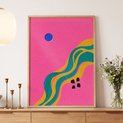 Electric Riverways, pink, green, gold abstract wall art displayed in a styled interior, gallery view 4