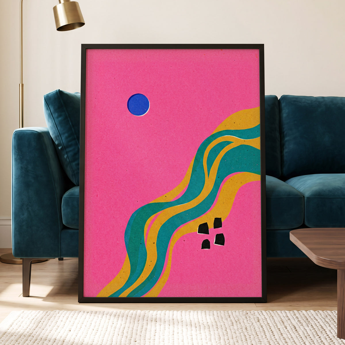Electric Riverways, pink, green, gold abstract wall art displayed in a styled interior, gallery view 5