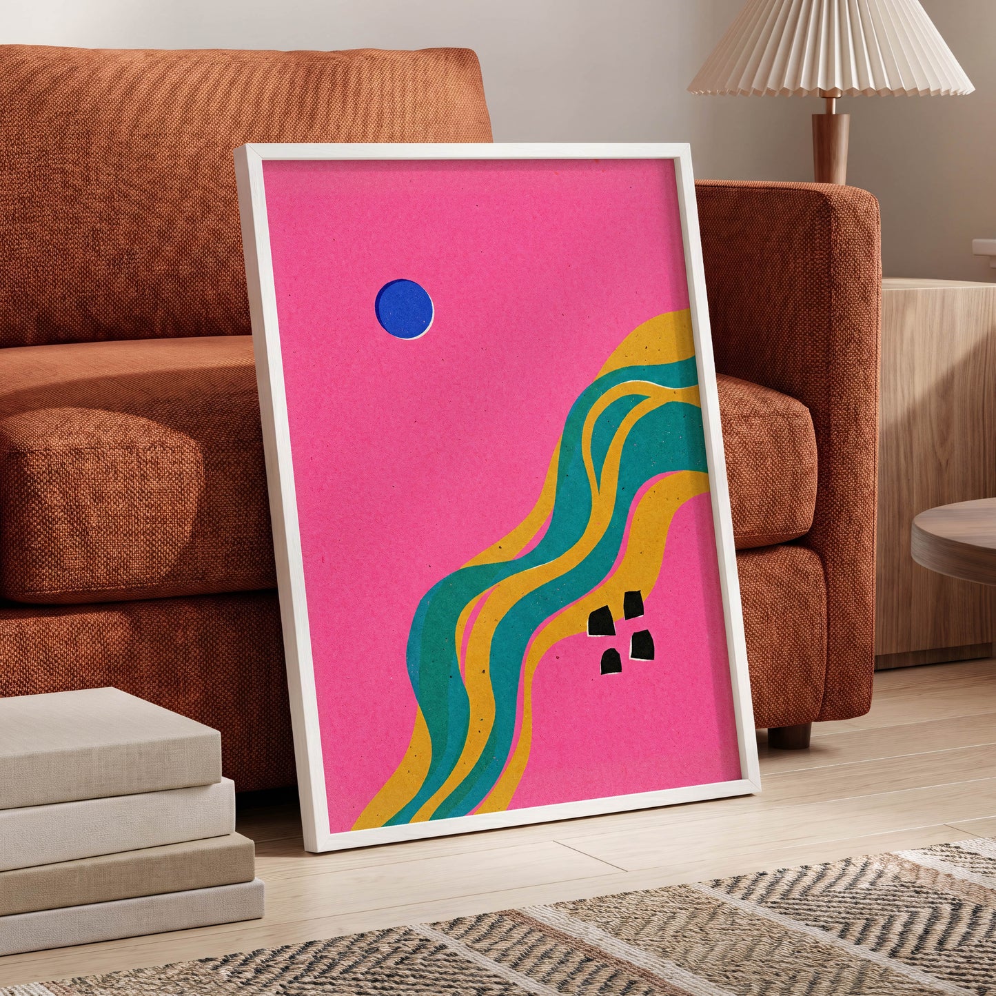 Electric Riverways, pink, green, gold abstract wall art displayed in a styled interior, gallery view 6