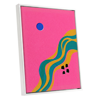 Electric Riverways, pink, green, gold abstract wall art shown as a white framed canvas wall art