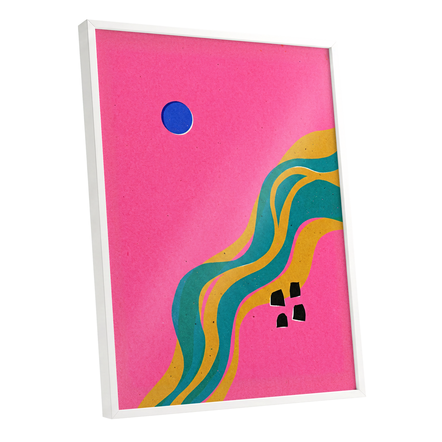 Electric Riverways, pink, green, gold abstract wall art shown as a white framed poster wall art print