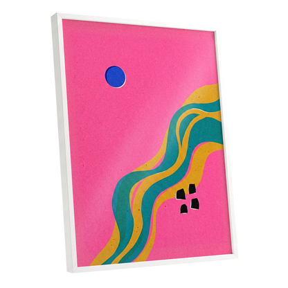 Electric Riverways, pink, green, gold abstract wall art shown as a white framed poster wall art print