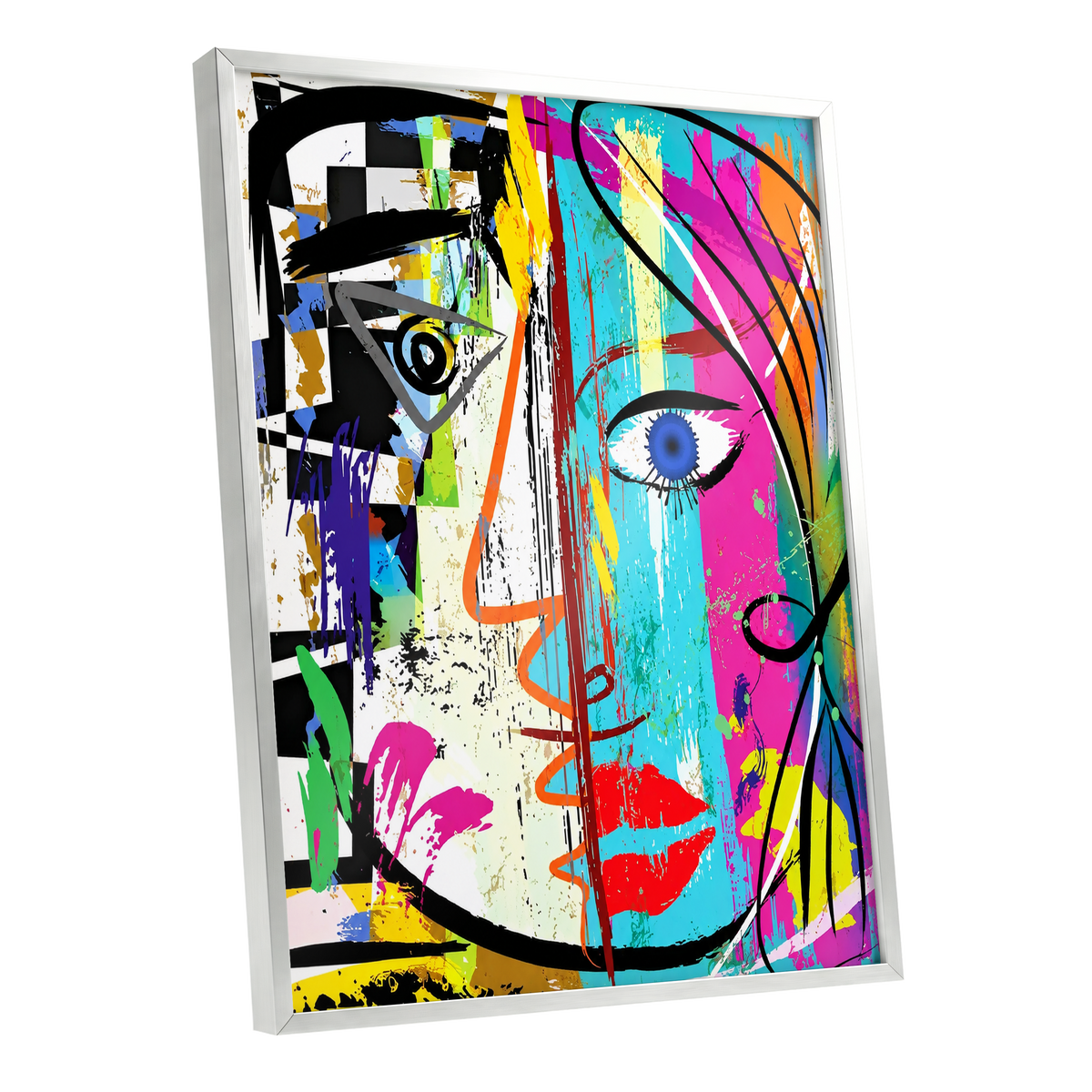 Electric Split Gaze, blue, pink, black abstract wall art shown as a silver framed poster wall art print
