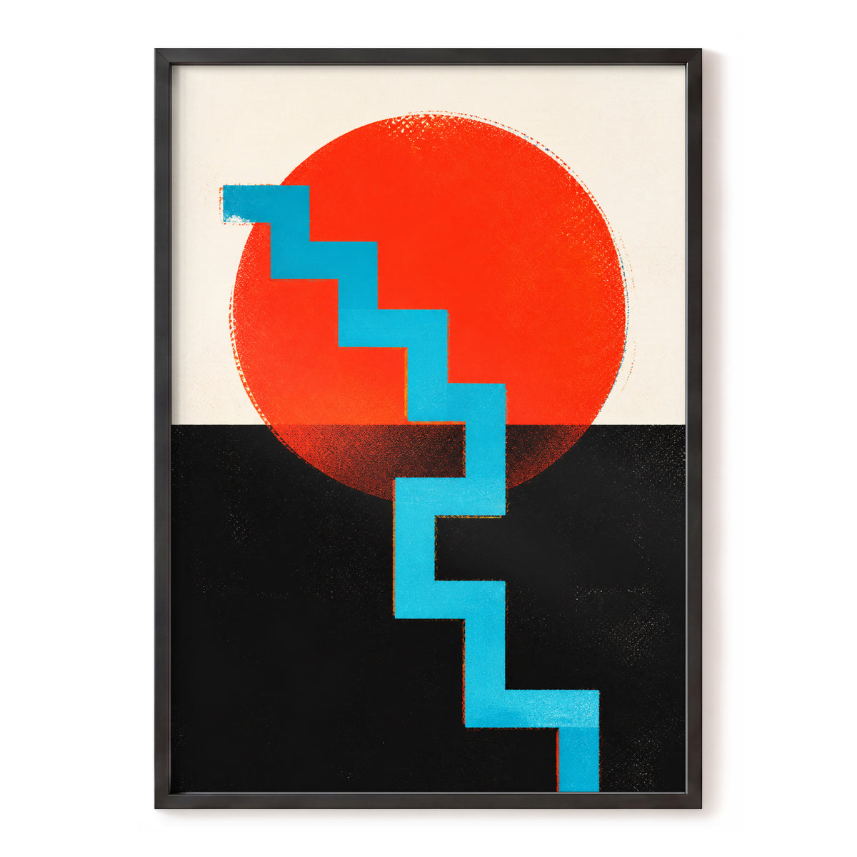 Electric Sunset Steps, red, blue, black abstract wall art, front artwork view