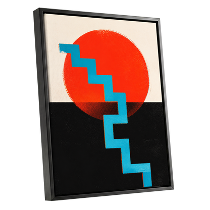 Electric Sunset Steps, red, blue, black abstract wall art shown as a black framed canvas wall art