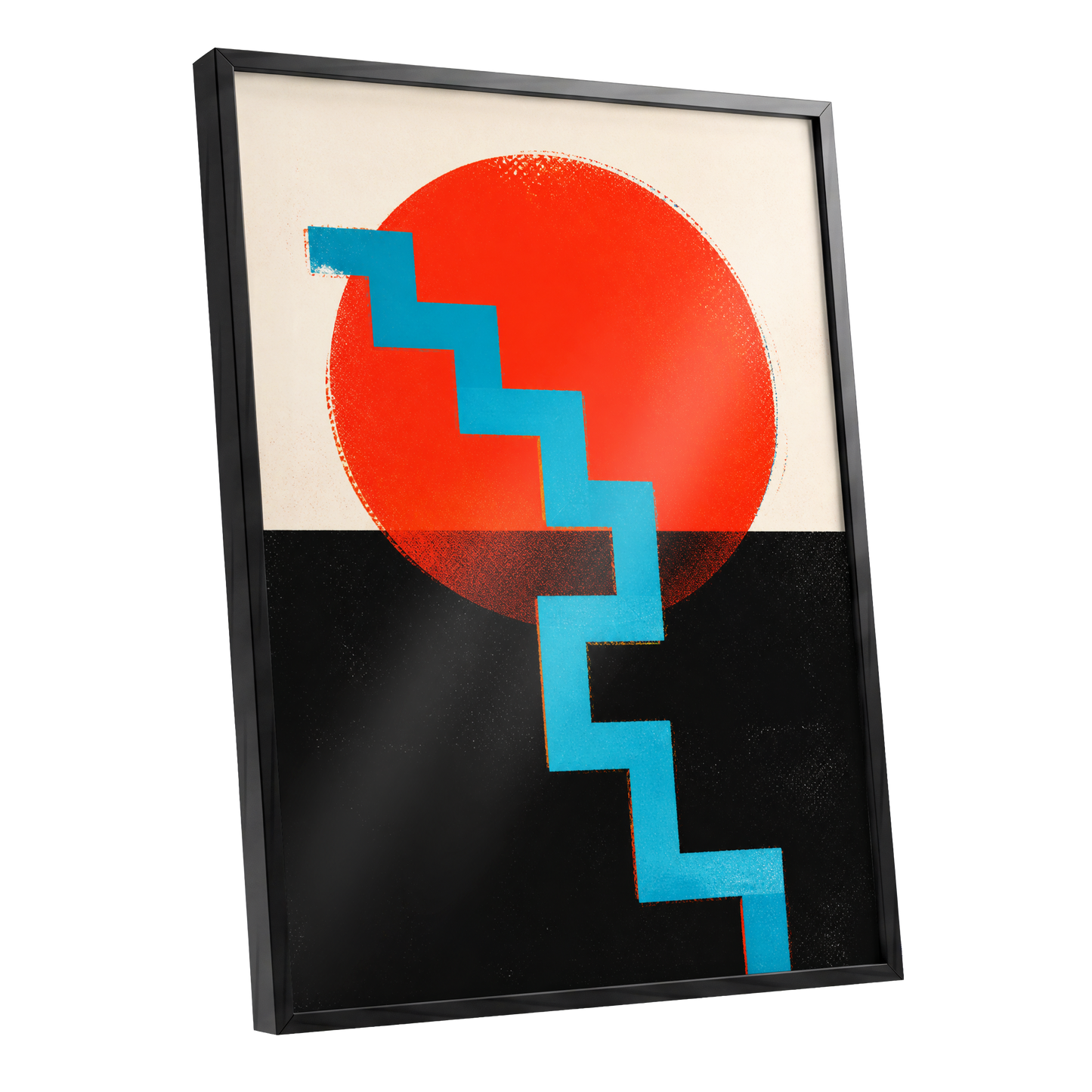 Electric Sunset Steps, red, blue, black abstract wall art shown as a black framed poster wall art print