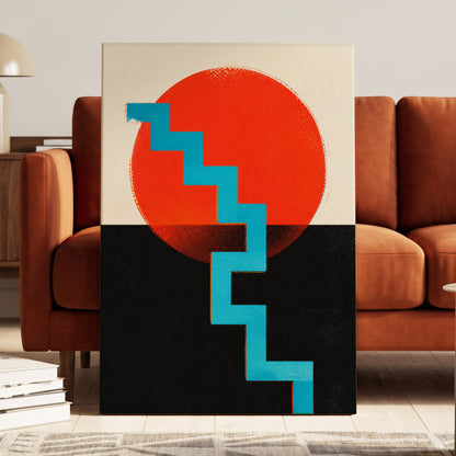Electric Sunset Steps, red, blue, black abstract wall art on canvas displayed in a styled interior, gallery view 1