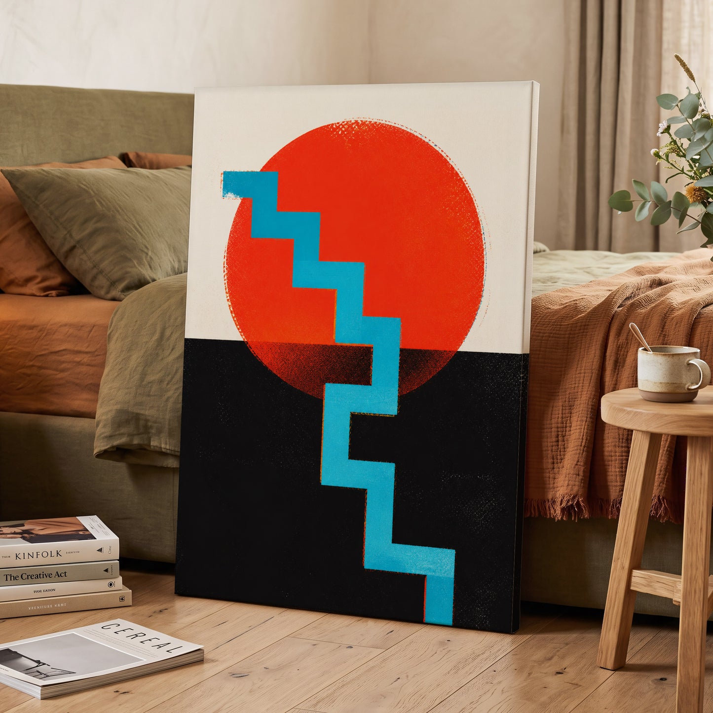 Electric Sunset Steps, red, blue, black abstract wall art on canvas displayed in a styled interior, gallery view 2